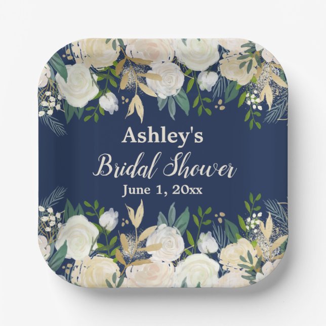 Greenery Bridal Shower Navy Blue Engagement Party Paper Plate (Front)