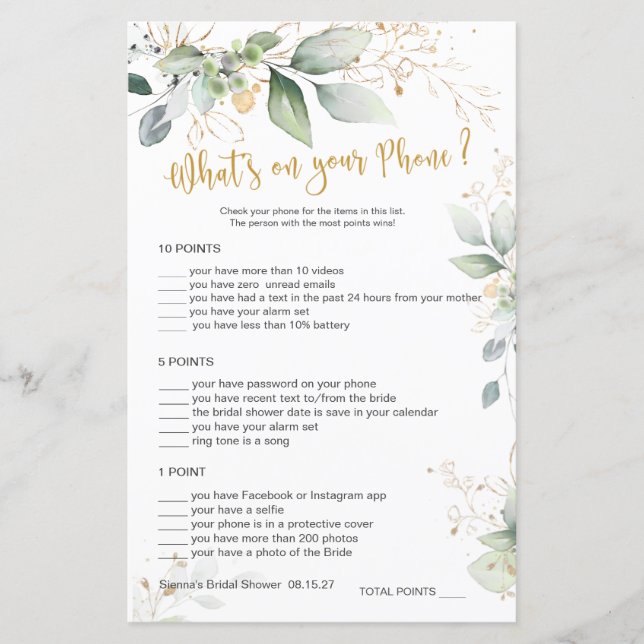 Greenery Bridal What's on Your Phone/Word Scramble (Front)