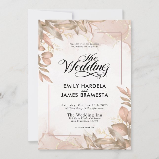 Greenery Brown and Beige Floral Watercolor Wedding Invitation (Front)