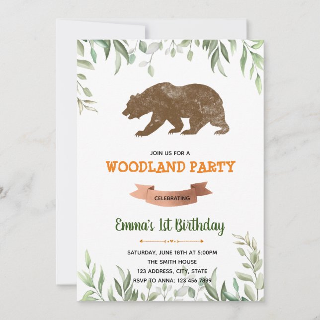 Greenery brown bear theme invitation (Front)