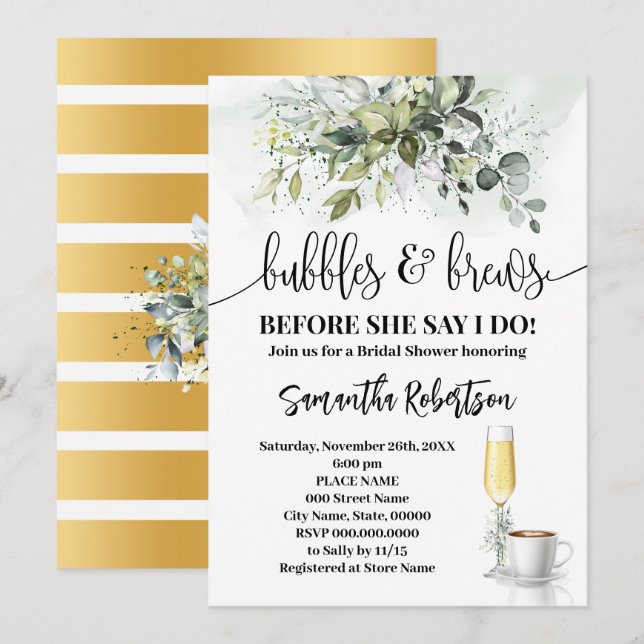Greenery Bubbles & Brews Coffee Bridal Shower Invitation (Front/Back)