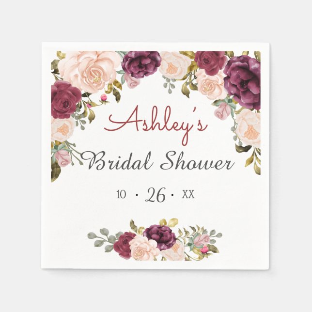 Greenery Burgundy Marsala Red Floral Bridal Shower Napkin (Front)