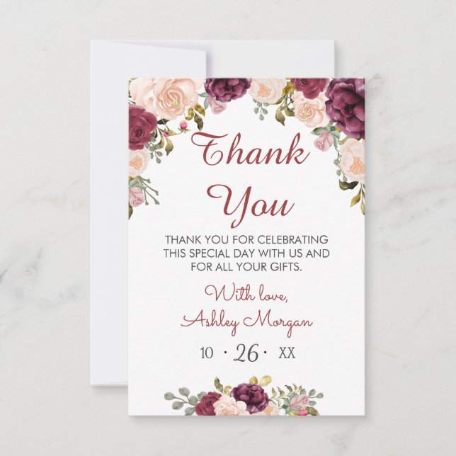 Greenery Burgundy Marsala Red Floral Bridal Shower Thank You Card (Front)