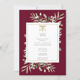 Greenery Burgundy RN Nursing Graduation Photo  Invitation