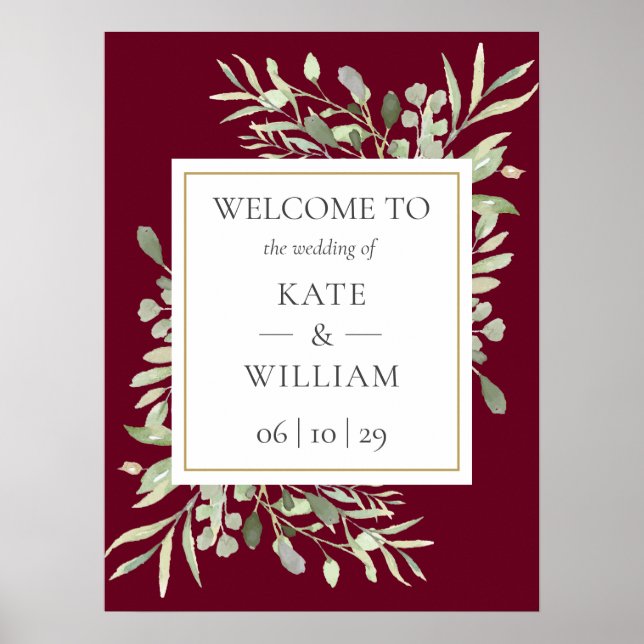 Greenery Burgundy Wedding Welcome Sign (Front)
