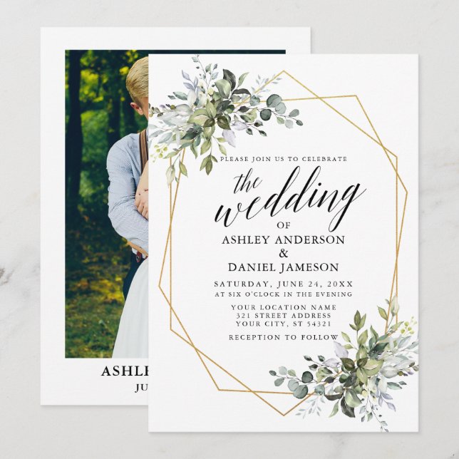 Greenery Calligraphy Geometric Photo Wedding Invitation (Front/Back)