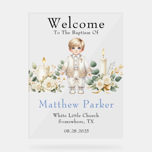 Greenery Candles Boy Baptism Welcome Sign (Front)