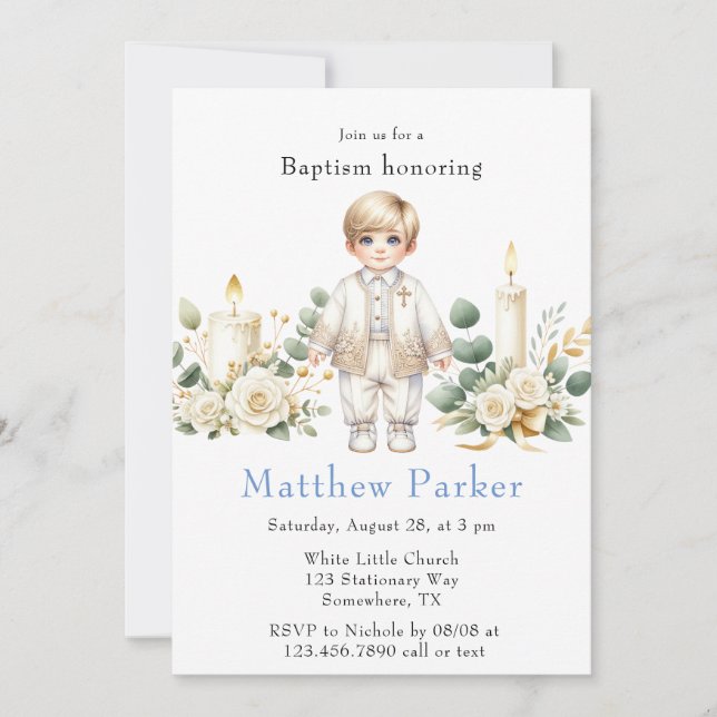 Greenery Candles Cartoon Boy Baptism  Invitation (Front)