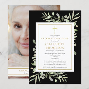 Greenery Celebration of Life Funeral Black Photo Invitation