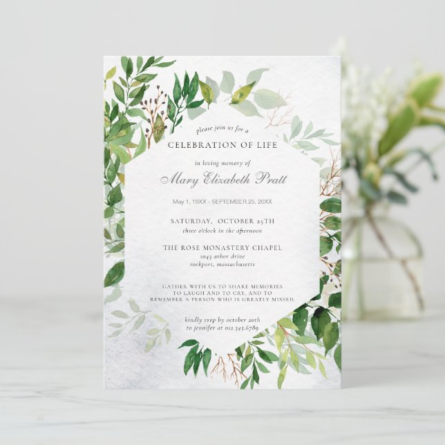 Greenery Celebration of Life Funeral Invitation (Standing Front)