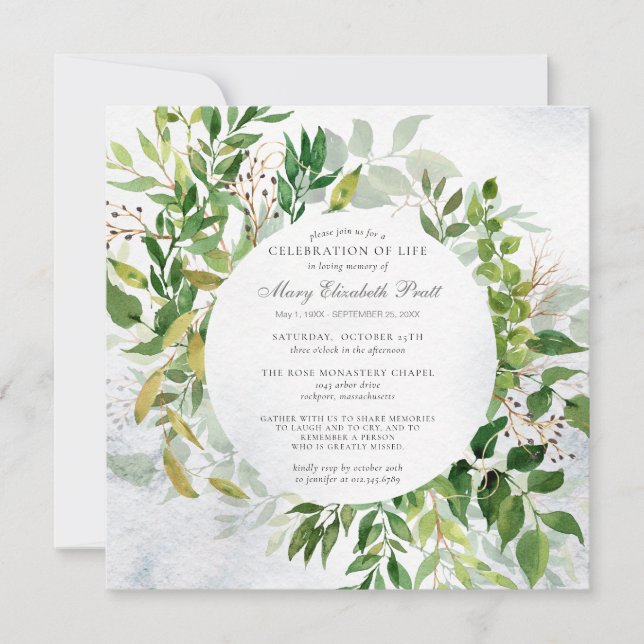 Greenery Celebration of Life Funeral Invitation (Front)