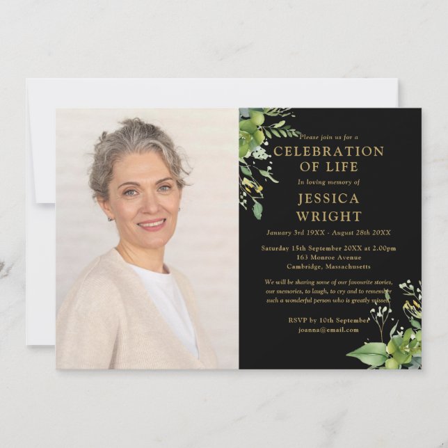 Greenery Celebration Of Life Funeral Photo Invitation (Front)