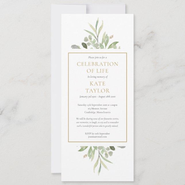 Greenery Celebration of Life Funeral Service Invitation (Front)