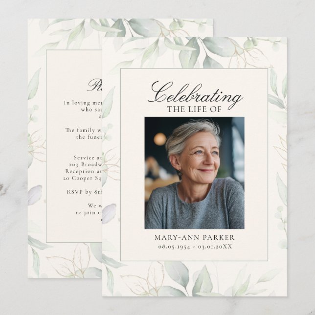 Greenery "Celebration of Life" Photo Funeral   Invitation (Front/Back)