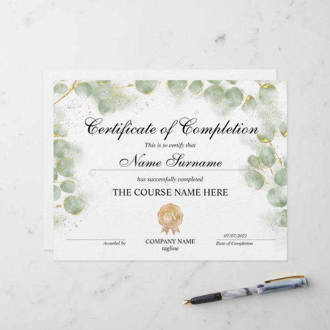 Greenery Certificate of Completion Award Course  (Front/Back In Situ)