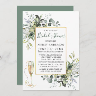 Greenery Champagne Glass Sage Green Bridal Shower Invitation