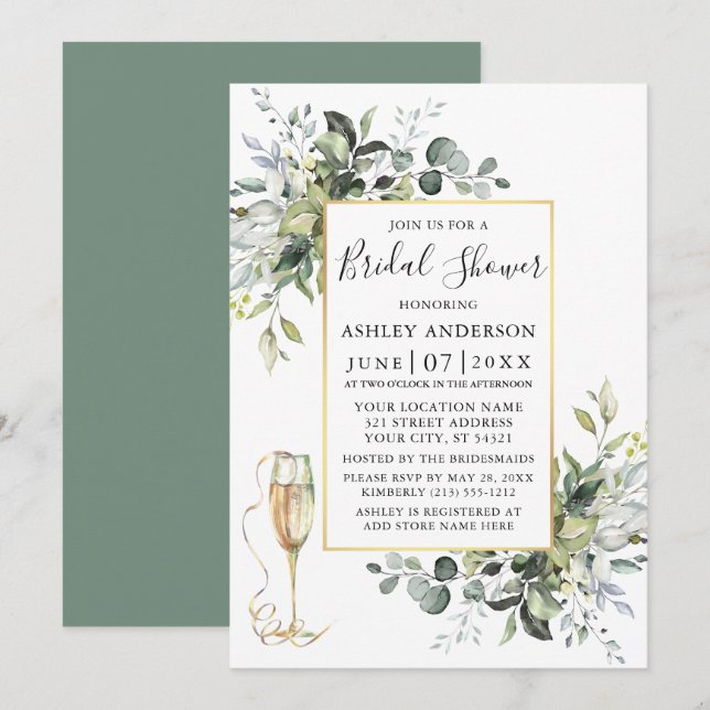 Greenery Champagne Glass Sage Green Shower Invitation (Front/Back)