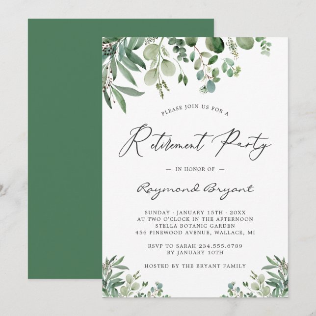 Greenery Chic Eucalyptus Leaves Retirement Party Invitation (Front/Back)