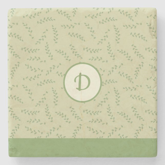 Greenery Chic Leaves Monogram  Stone Coaster (Front)