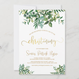 Greenery Christening Announcement Gold Script