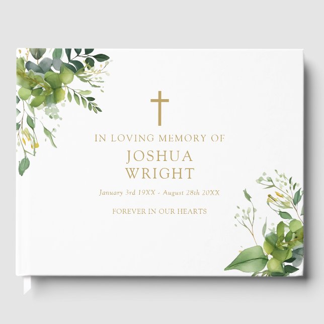 Greenery Christian In Loving Memory Funeral Guest Book (Front)