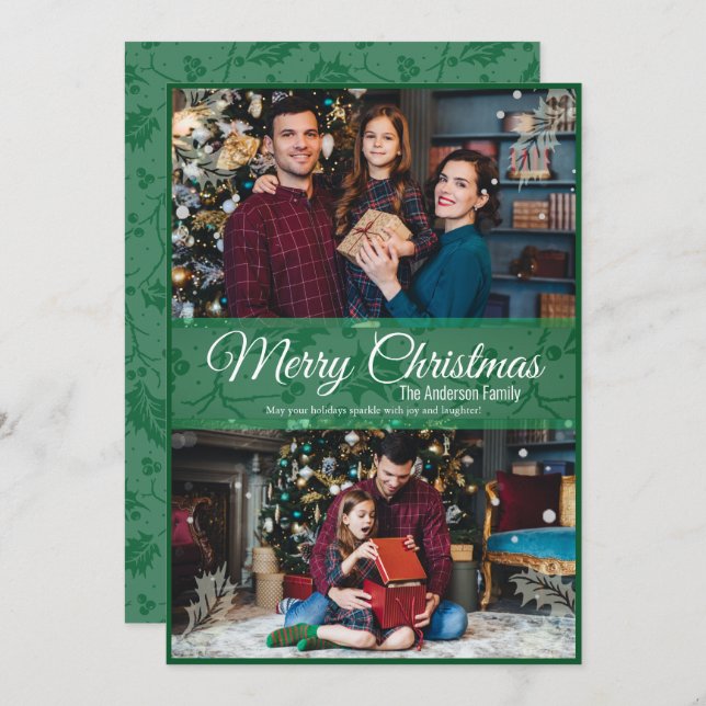 Greenery Christmas Holly Leaf Green Frame 2 Photo Holiday Card (Front/Back)