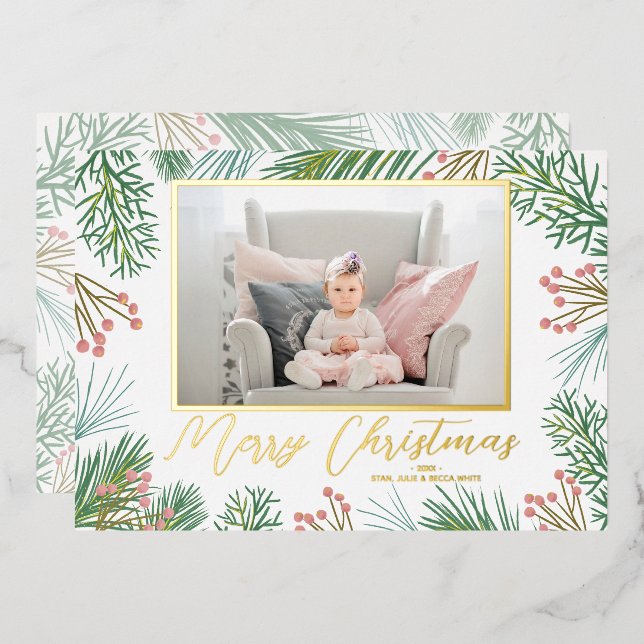 Greenery Christmas Photo Foil Holiday Card (Front/Back)