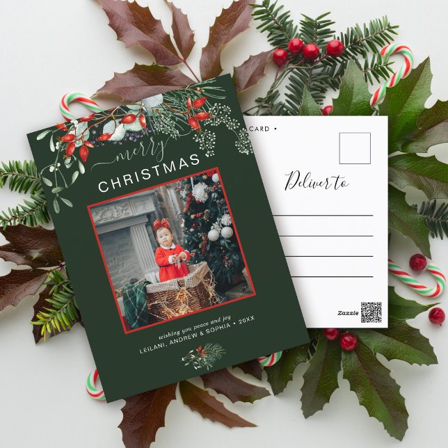 Greenery Christmas Photo Watercolor Forest Green Holiday Postcard (You will love these beautiful Christmas cards! They feature botanical watercolor pine and berries.)