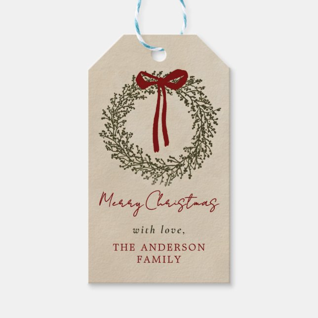 Greenery Christmas Wreath Holiday Gift Tags (Front)