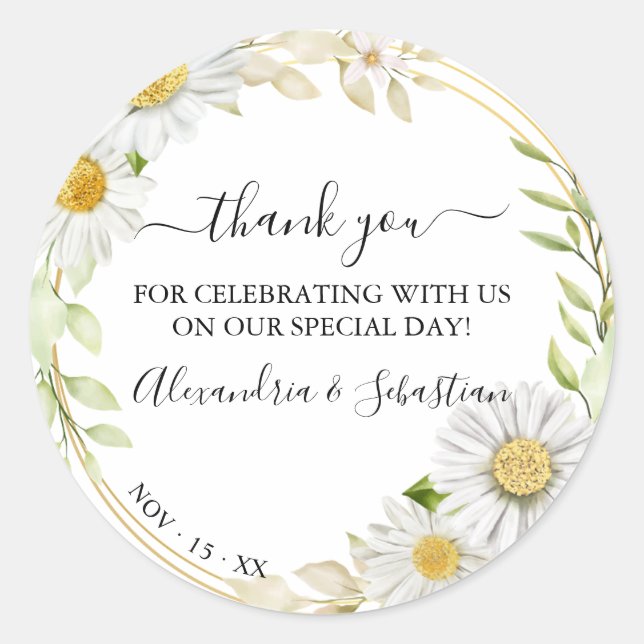 Greenery Chrysanthemum Wedding Thank You Classic Round Sticker (Front)