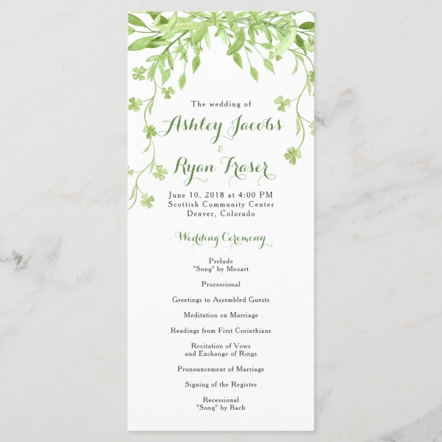 Greenery Clover Floral Wedding Program Programme (Front)