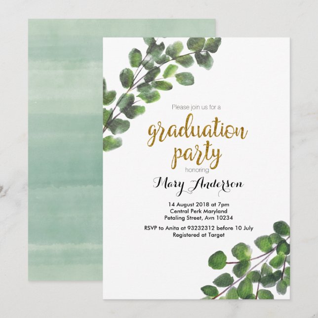 Greenery college graduation party invitation (Front/Back)