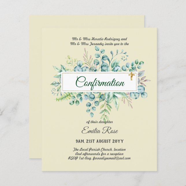 Greenery CONFIRMATION Invite Modern Double Sided (Front/Back)
