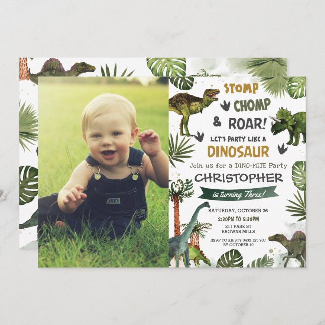 Greenery Cool Dinosaurs T-Rex Birthday Party Photo Invitation (Front/Back)
