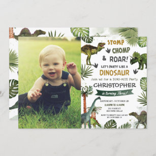 Greenery Cool Dinosaurs T-Rex Birthday Party Photo Invitation