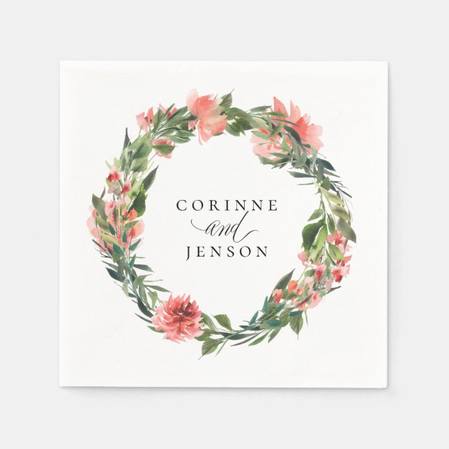 Greenery Coral Floral Personalised Paper Napkins (Front)