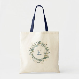 Greenery Cotton Flower Wreath Monogram Tote Bag
