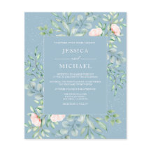 Greenery Cream Roses Dusty Blue Wedding Invitation