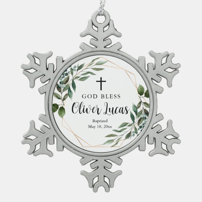 Greenery Cross Baptism Snowflake Framed Ornament (Front)