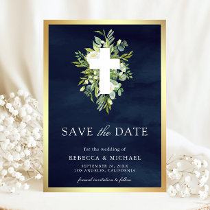 Greenery Cross Catholic Navy Wedding Save The Date