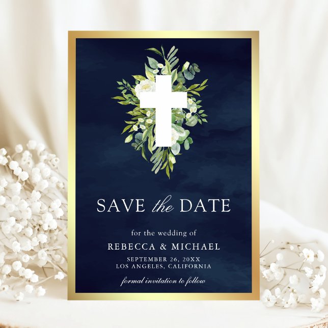 Greenery Cross Catholic Navy Wedding Save The Date (Creator Uploaded)