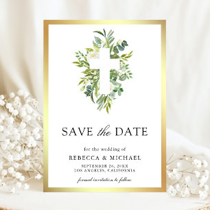 Greenery Cross Catholic Wedding Save The Date
