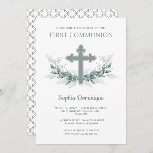 Greenery Cross First Communion Invitations (Front/Back)