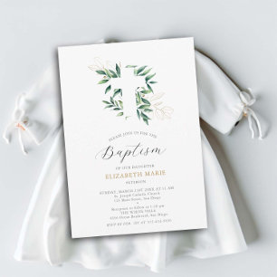 Greenery Cross Gold Foliage Baby Toddler Baptism Invitation