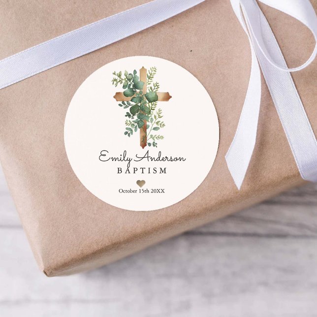 Greenery Cross Minimalist Baptism Christening Classic Round Sticker (Creator Uploaded)