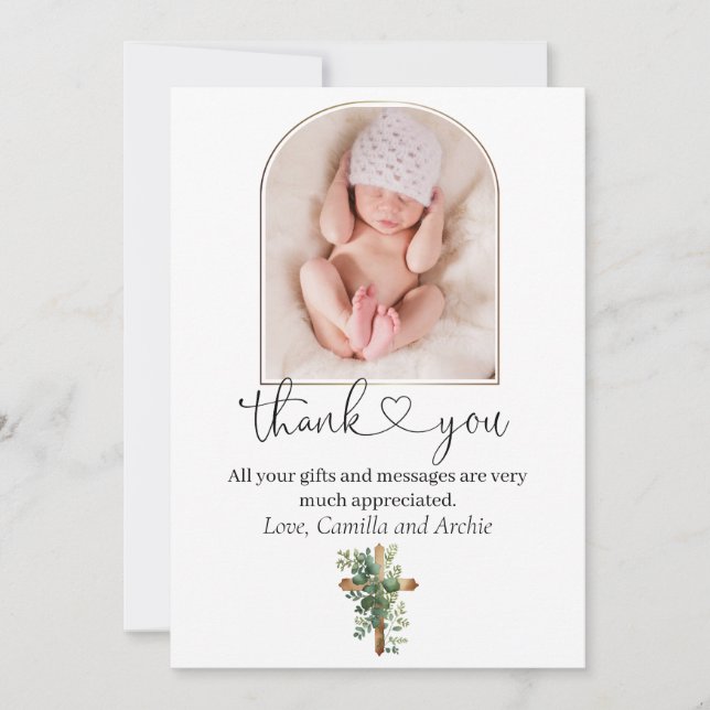 Greenery Cross Minimalist Baptism Thank You  (Front)