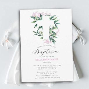 Greenery Cross Pink Botanical Baby Girl Baptism Invitation