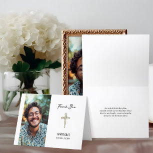 Greenery Cross Portrait Photo Small Folded Funeral Thank You Card