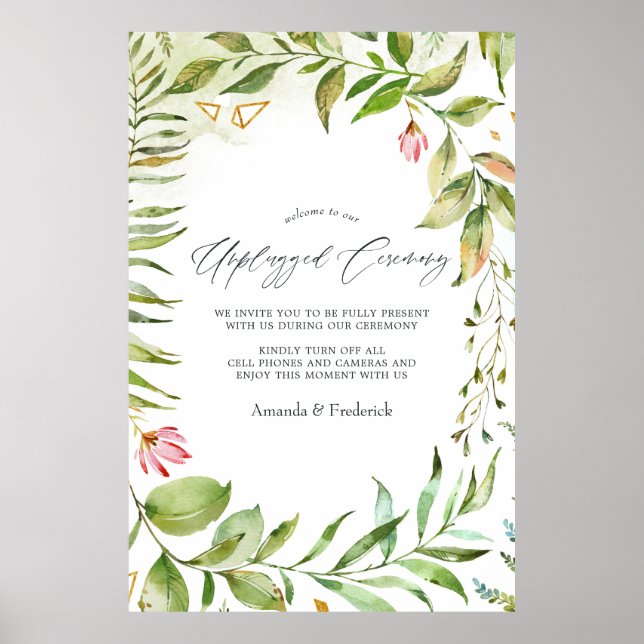 Greenery Crystal Wedding Unplugged Ceremony Poster (Front)