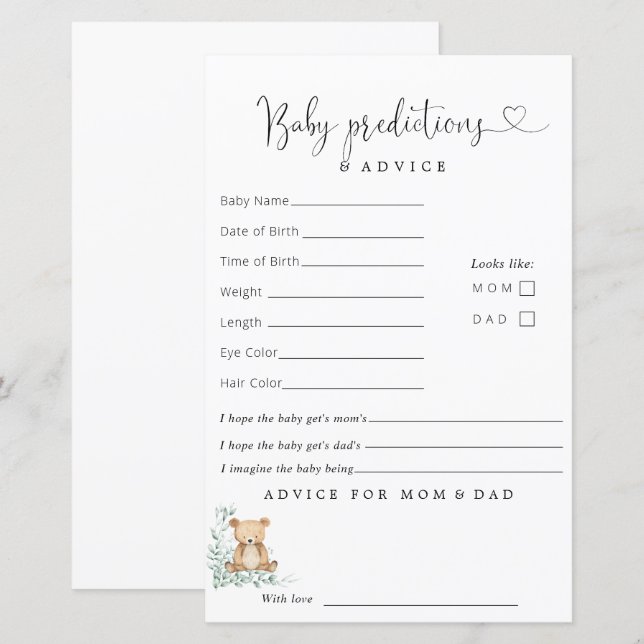 Greenery Cute Bear Baby Shower Predictions Advice (Front/Back)